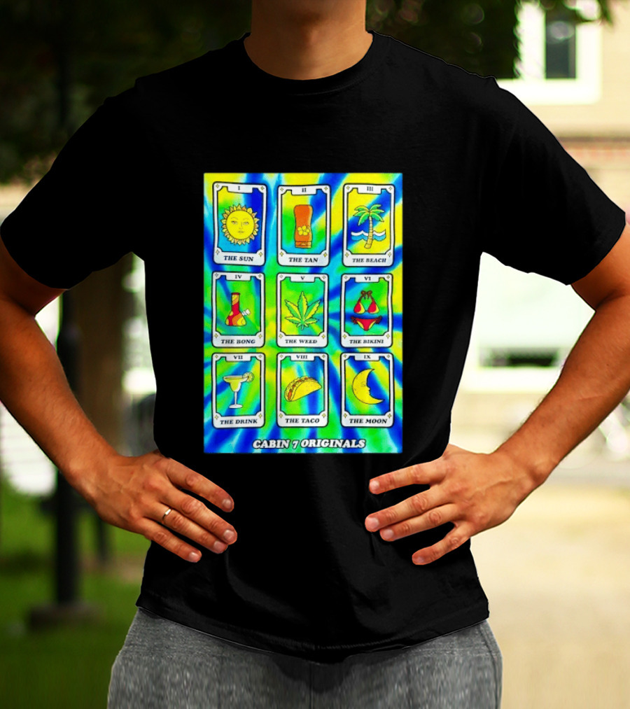 Cabin 7 Originals Tarot Cards Sun Tan Beach Bong Weed Bikini Drink Taco Moon T-Shirt