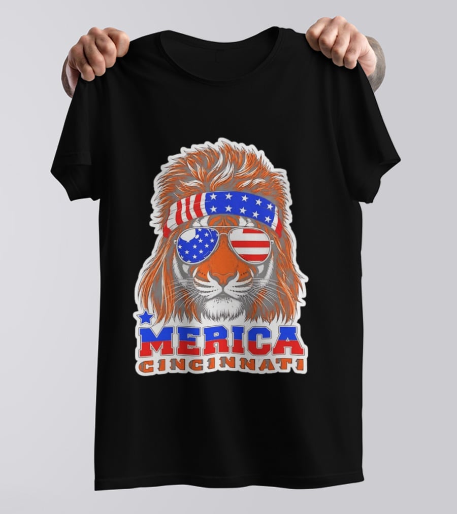 Cincinnati Merica Patriotic Tiger Mullet USA Flag T-Shirt