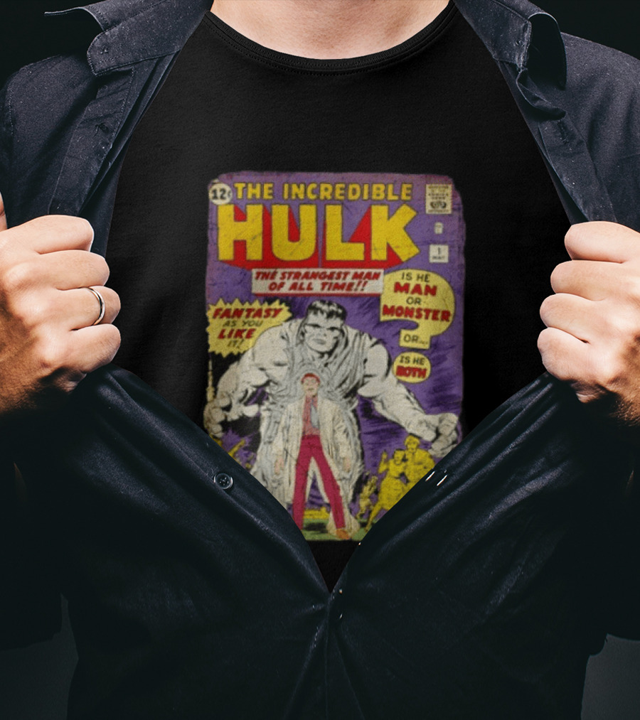 The Incredible Hulk The Strangest Man Of All Time Fantasy Comic Cover Is He Man Or Monster T-Shirt