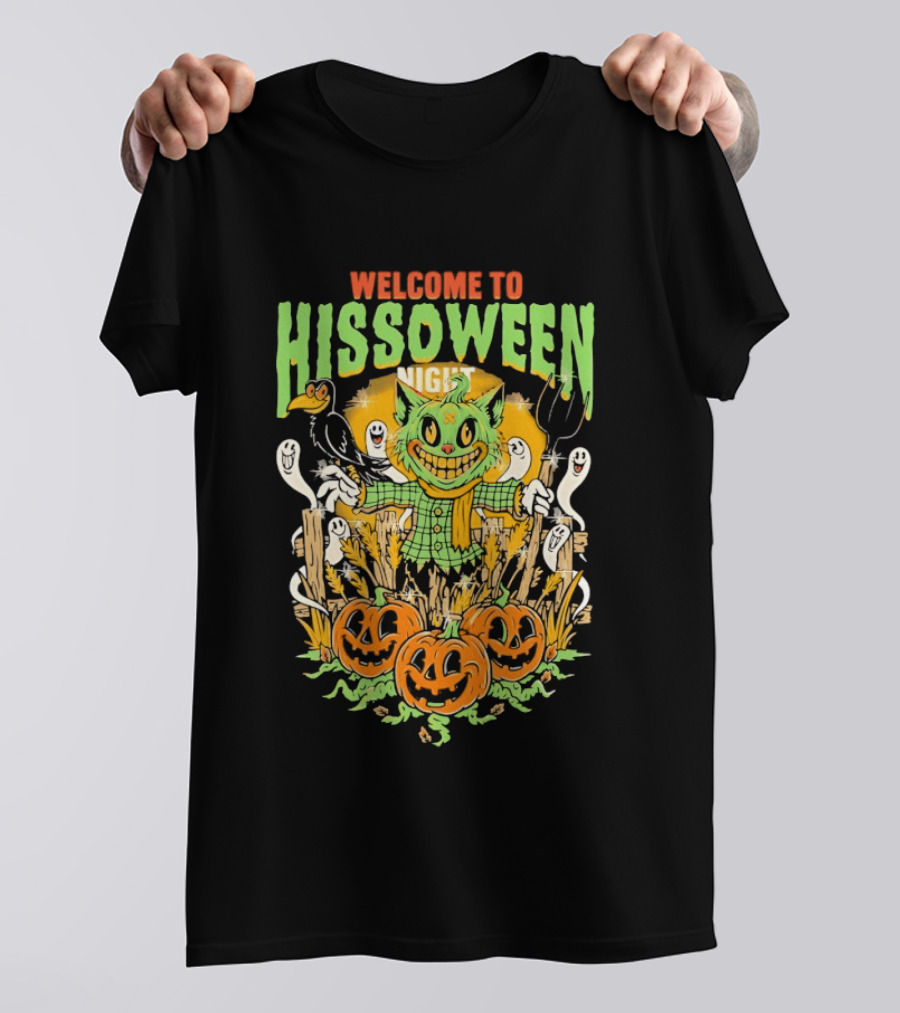 Welcome To Hissoween Night Cat Ghost Scarecrow Pumpkin T-Shirt