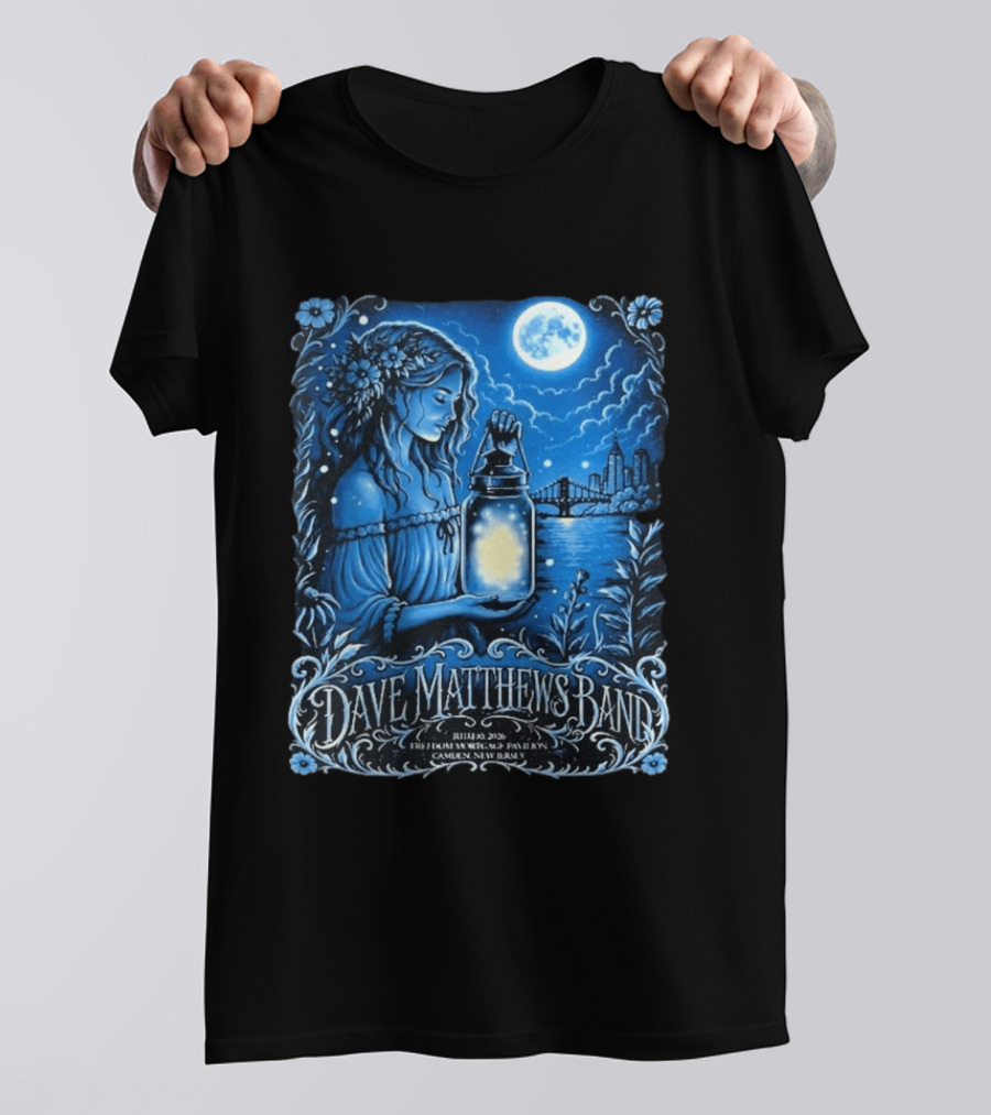 Dave Matthews Band July 10 2026 Freedom Mortgage Pavilion Camden New Jersey Moonlit Lantern And City Skyline T-Shirt