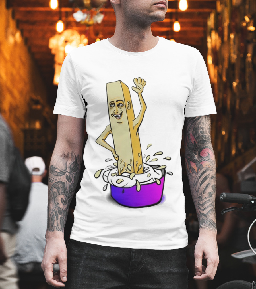 Belgian French Fry Cartoon Character Waving In Sauce Bowl T-Shirt