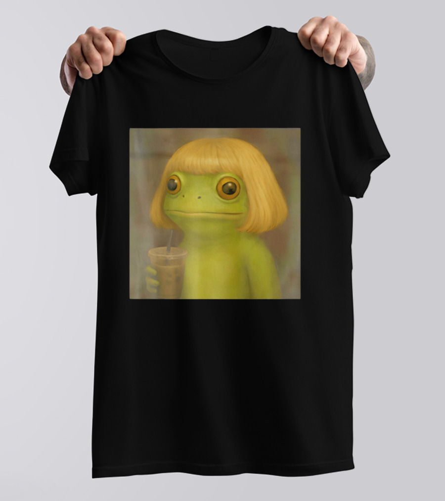 Blonde Wig Frog Holding Iced Coffee T-Shirt