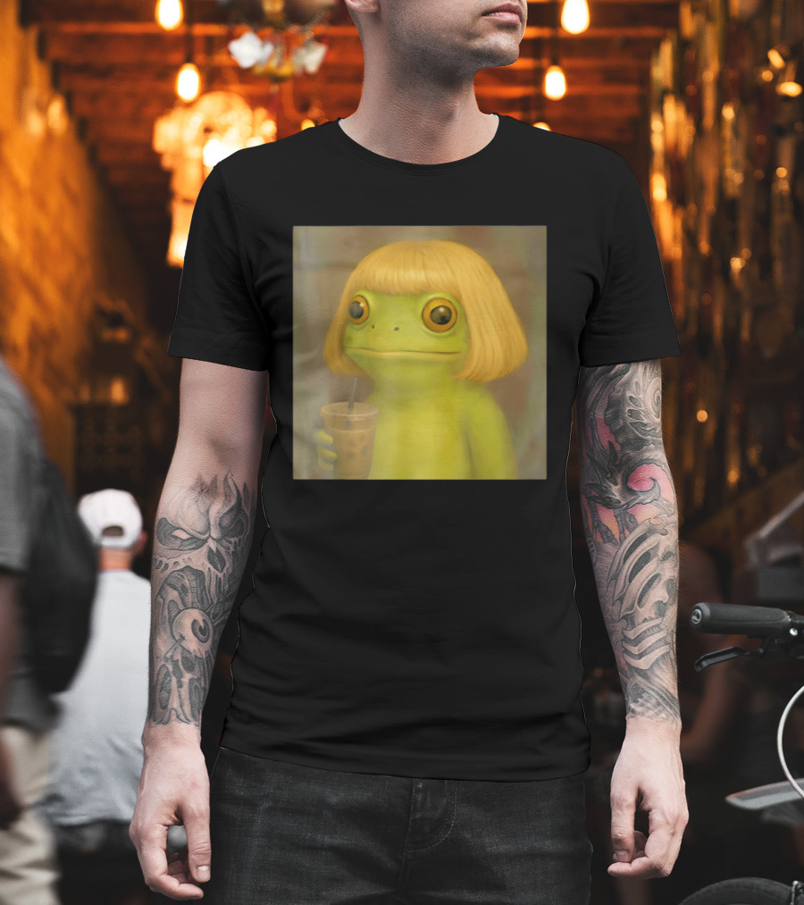 Blonde Wig Frog Holding Iced Coffee T-Shirt