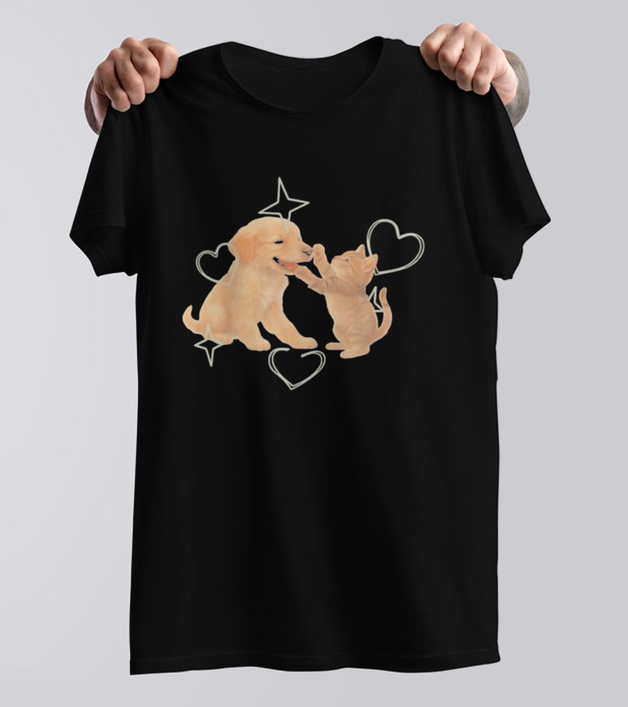 Golden Retriever Puppy And Tabby Kitten Playing With Stars And Hearts T-Shirt