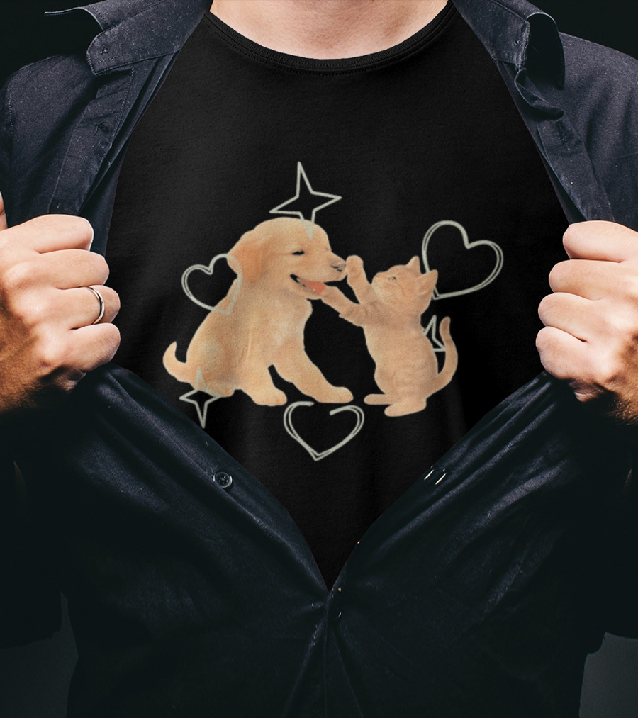Golden Retriever Puppy And Tabby Kitten Playing With Stars And Hearts T-Shirt