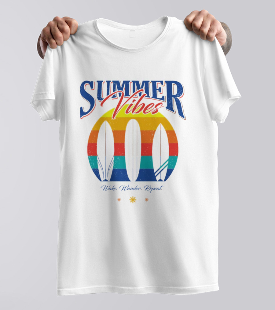 Summer Vibes Wake Wander Repeat Retro Surfboard Sunset T-Shirt