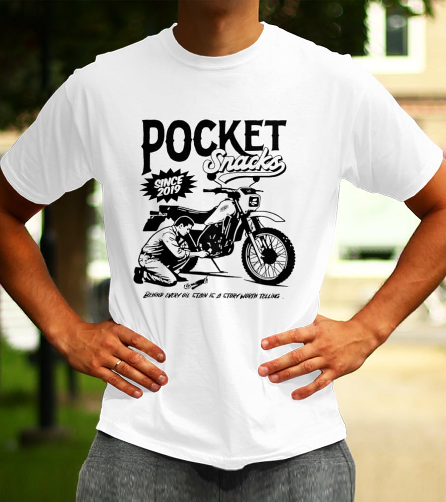 Pocket Snacks Since 2019 Motorcycle Mechanic Oil Stain T-Shirt