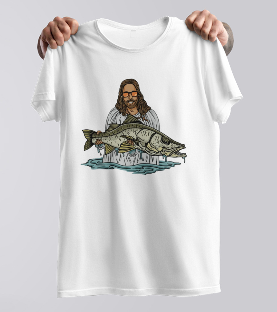 Jesus Holding Fish Like Jesus Fishing With Sunglasses T-Shirt