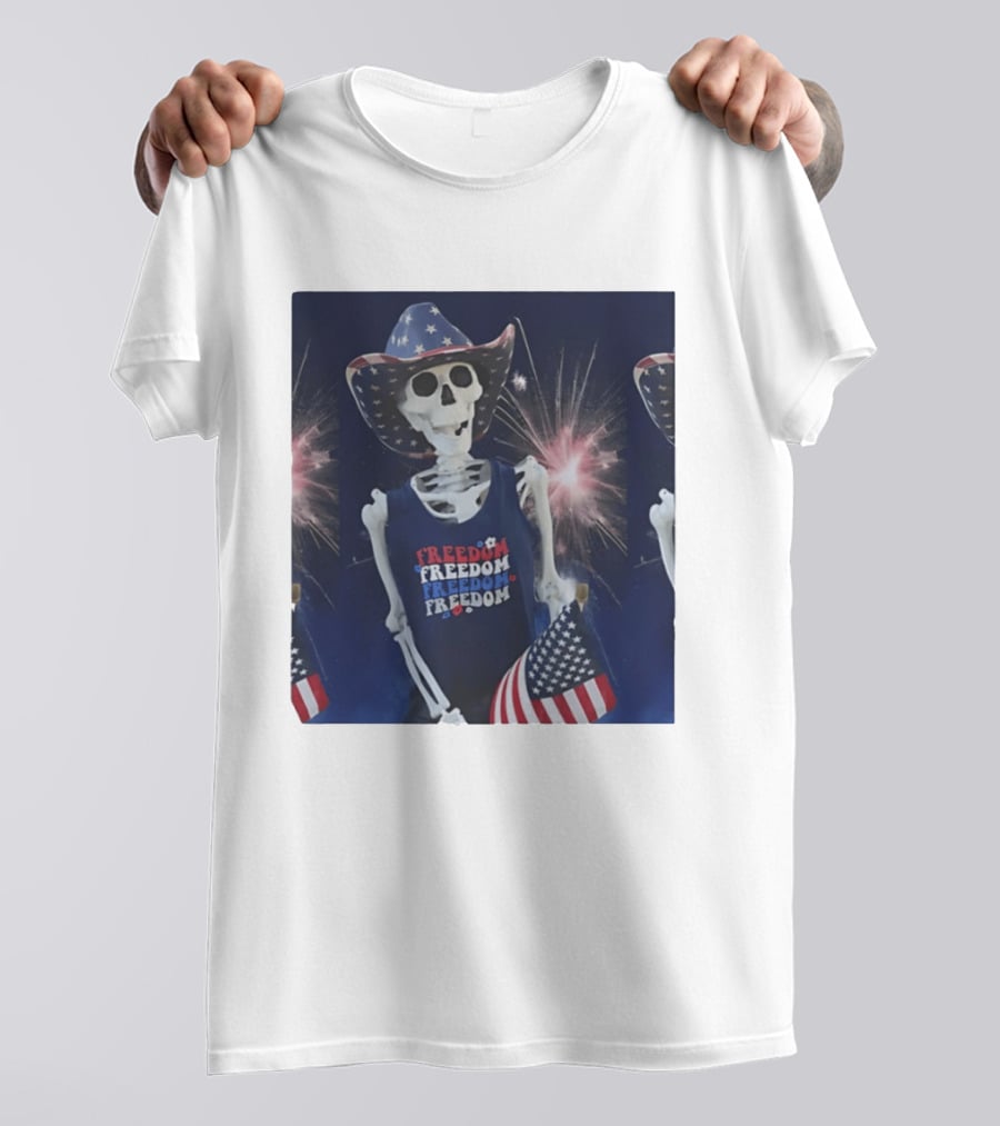 Freedom Skeleton Patriot With American Flag And Fireworks Fourth Of July T-Shirt