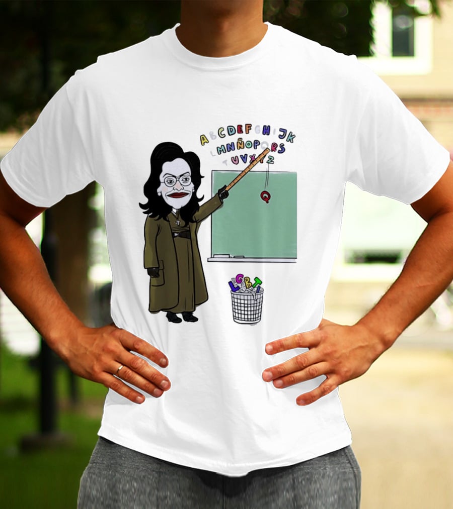LGBTQ Alphabet Removal Cartoon Teacher With Chalkboard And Trash Bin T-Shirt