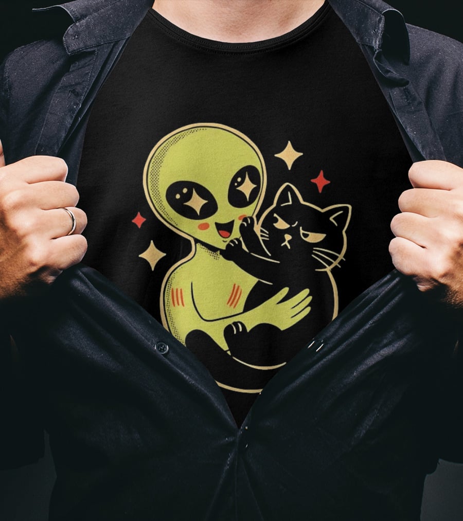 Alien Holding Grumpy Black Cat Surrounded By Stars T-Shirt