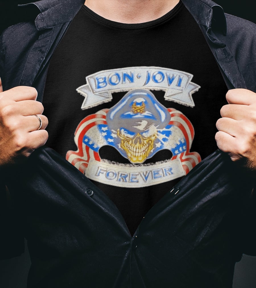 Bon Jovi Forever Skull With American Flag Banners And Blue Cap T-Shirt