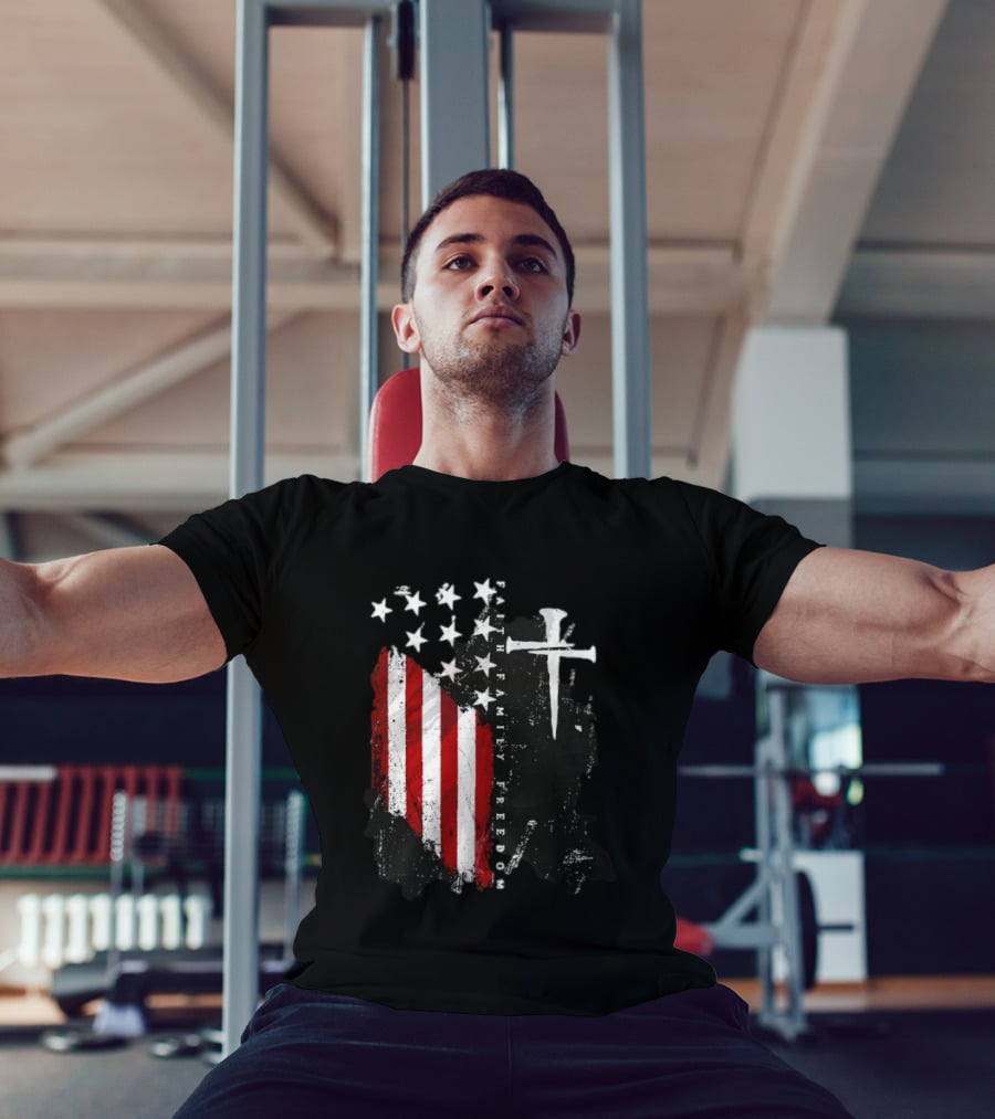 Faith Family Freedom Patriotic American Flag Cross T-Shirt