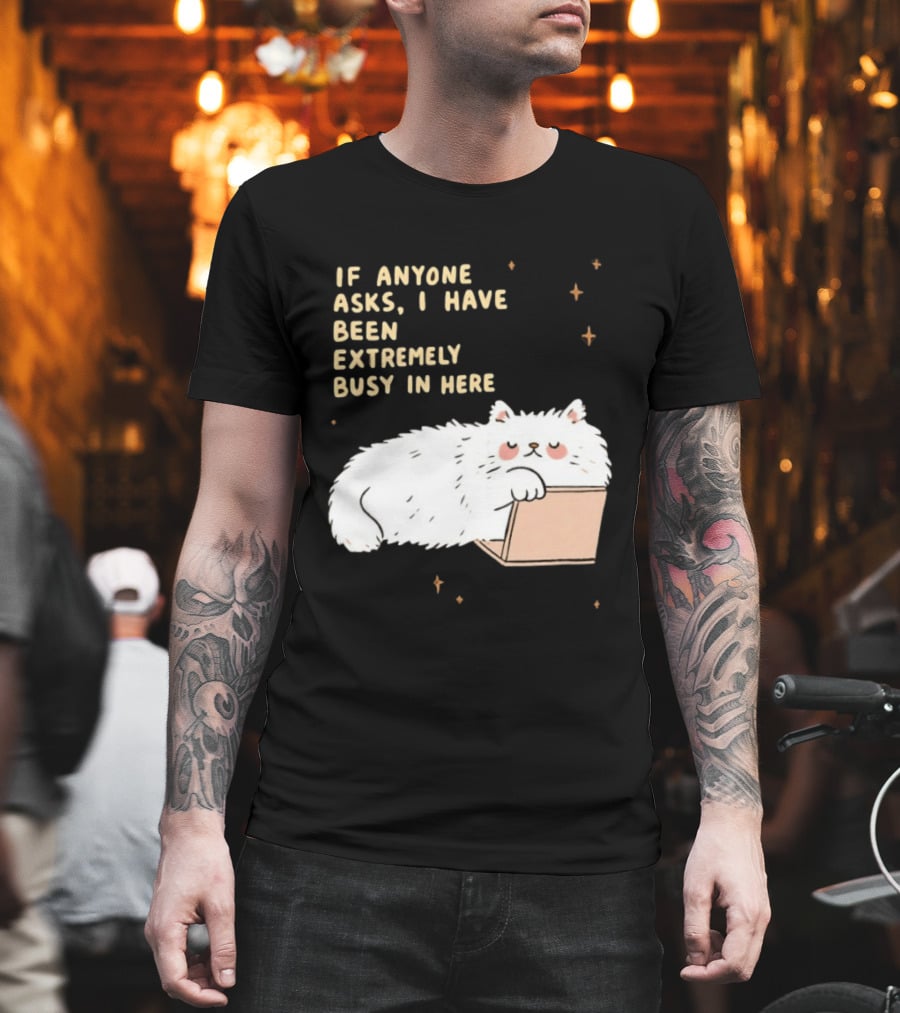 If Anyone Asks I Have Been Extremely Busy In Here Fluffy White Cat In Box T-Shirt