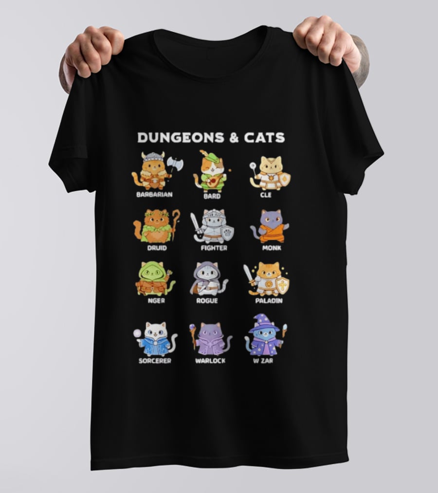 Dungeons And Cats Barbarian Bard Cleric Druid Fighter Monk Mage Rogue Paladin Sorcerer Warlock Wizard T-Shirt