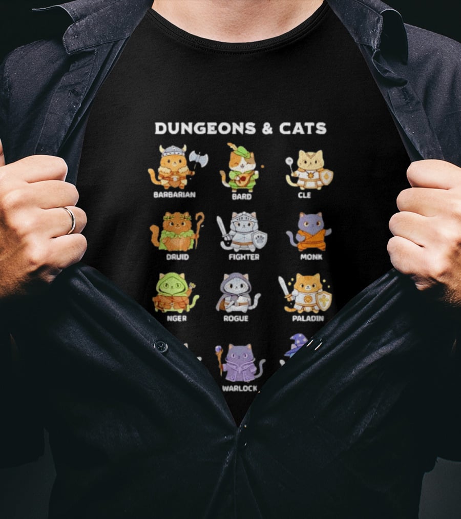 Dungeons And Cats Barbarian Bard Cleric Druid Fighter Monk Mage Rogue Paladin Sorcerer Warlock Wizard T-Shirt