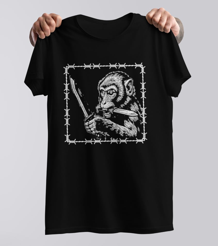 Monkey Holding Knife Barbed Wire Black And White Sketch T-Shirt