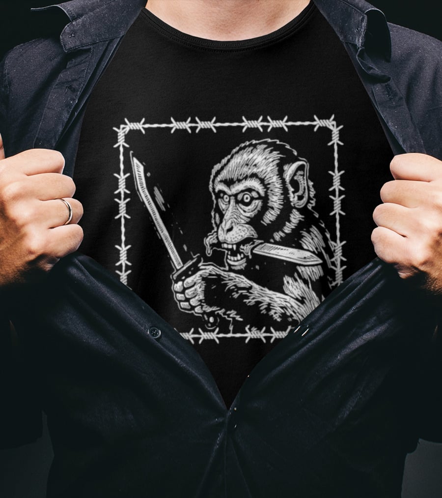 Monkey Holding Knife Barbed Wire Black And White Sketch T-Shirt