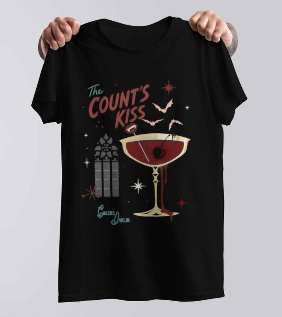 The Count's Kiss Cheers Darlin Vampire With Gothic Window And Wine Glass T-Shirt