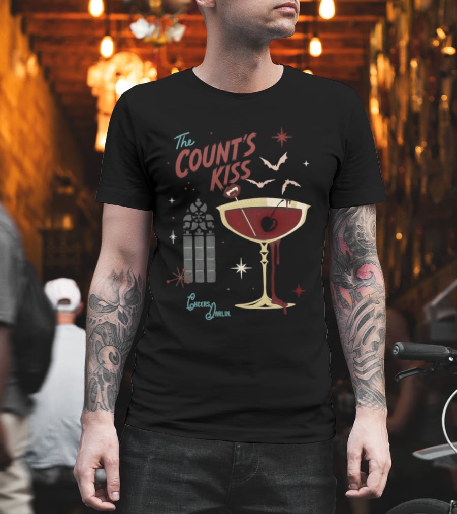 The Count's Kiss Cheers Darlin Vampire With Gothic Window And Wine Glass T-Shirt