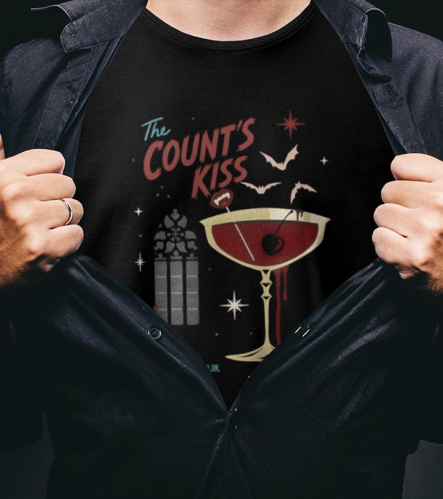 The Count's Kiss Cheers Darlin Vampire With Gothic Window And Wine Glass T-Shirt