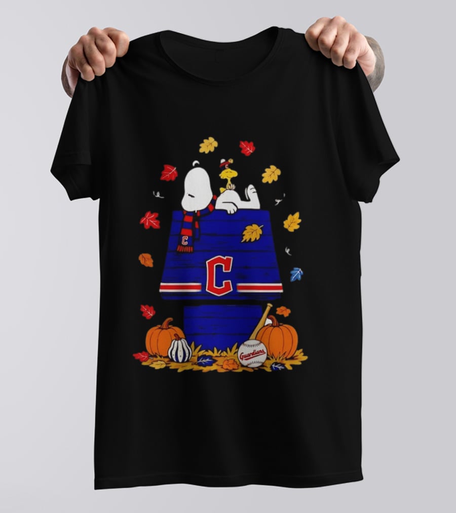 Snoopy Woodstock Cleveland Guardians Fall Baseball Pumpkins Autumn Leaves T-Shirt
