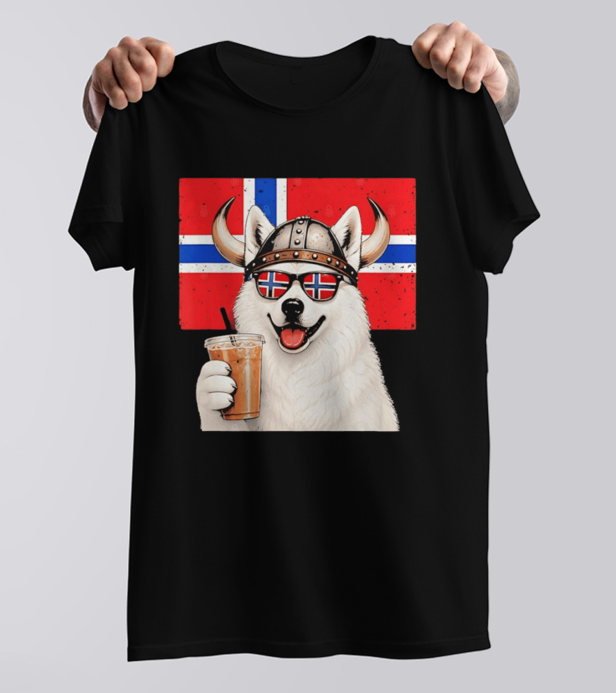 Viking Husky With Norwegian Flag Glasses And Iced Coffee T-Shirt