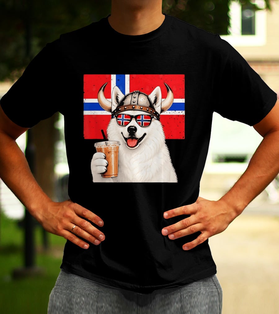 Viking Husky With Norwegian Flag Glasses And Iced Coffee T-Shirt