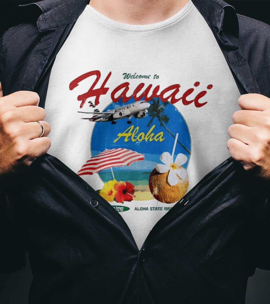 Welcome To Hawaii Aloha American Airplane Palm Trees Tropical Drink Beach Scene T-Shirt