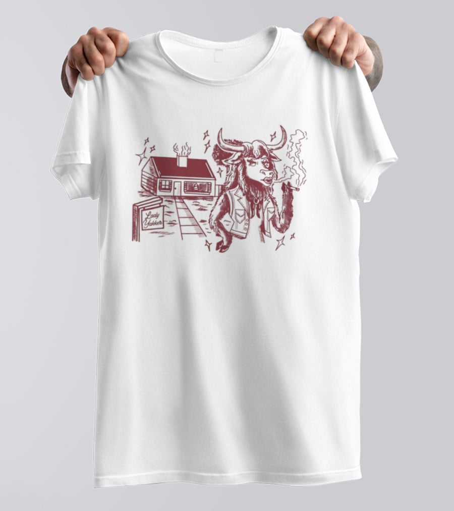 Lady Yakker Buffalo Smoking With Cabin And Stairs Rustic Red T-Shirt