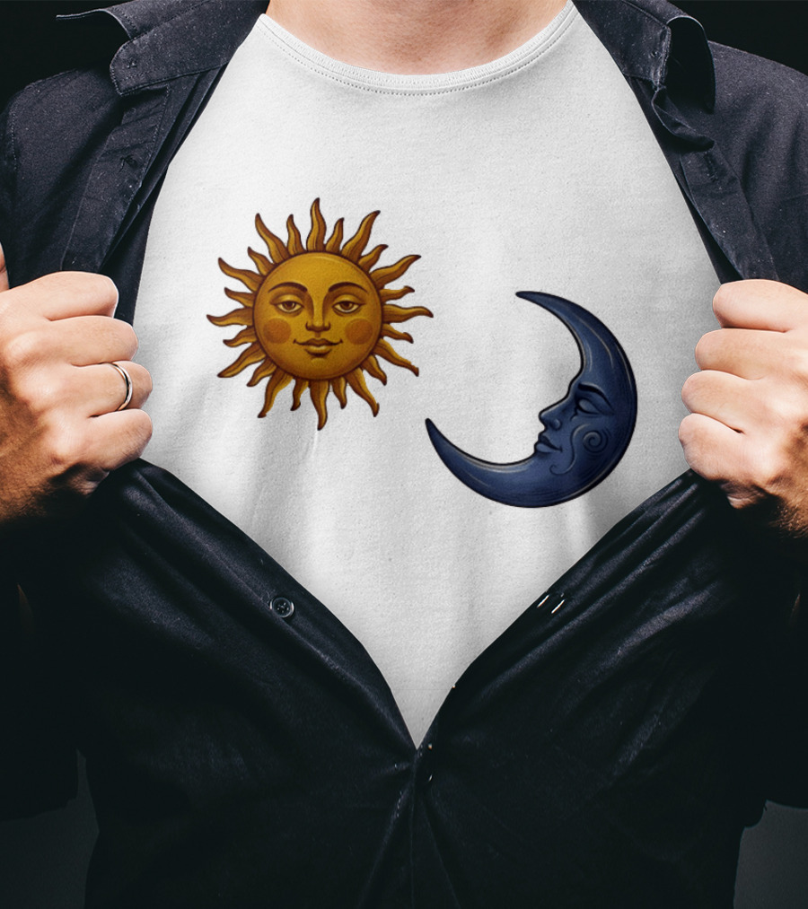 Sun Face And Crescent Moon Celestial Pair Harmony T-Shirt