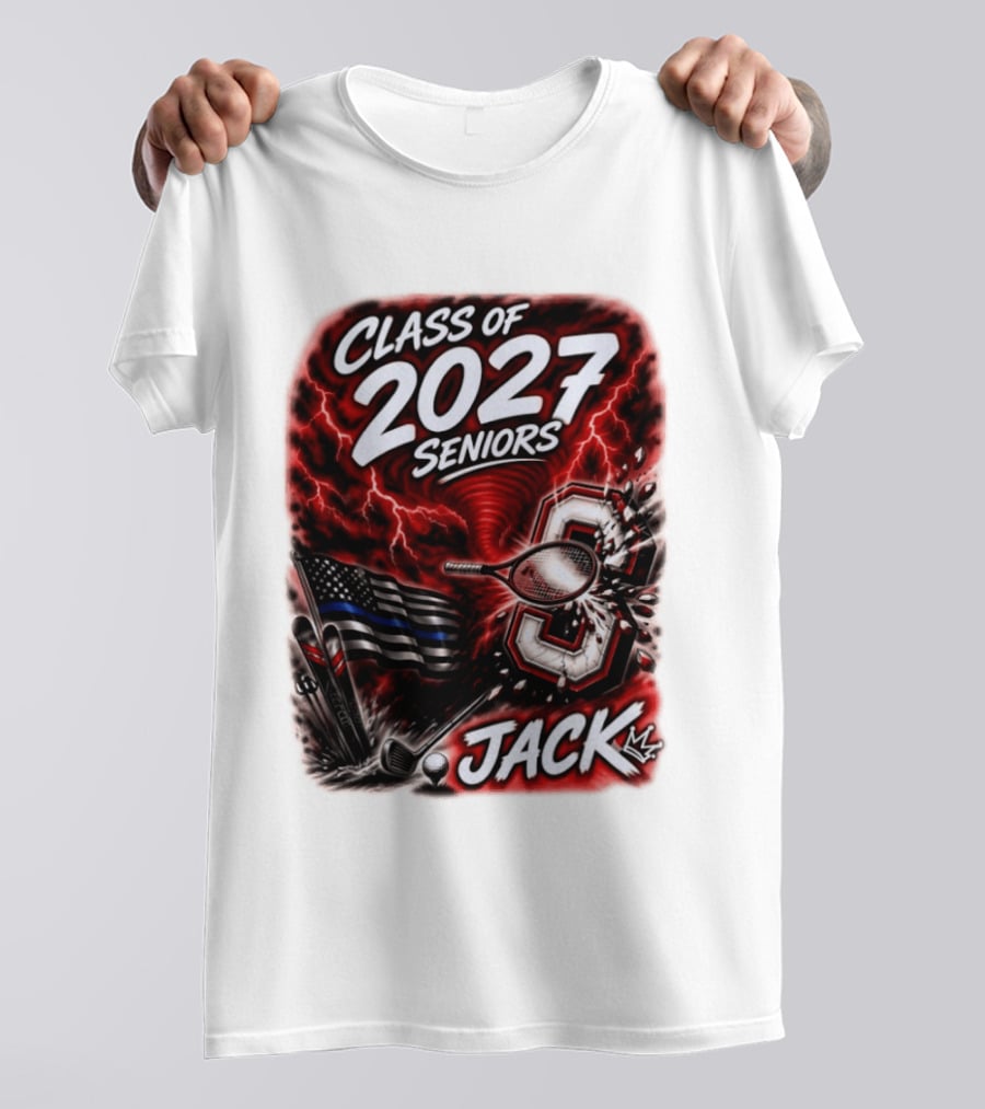Class Of 2027 Seniors Jack Black Flag Lightning Tennis Football T-Shirt