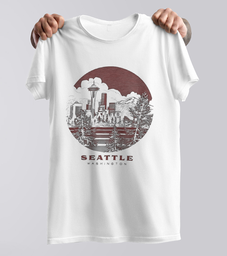 Seattle Washington Skyline Space Needle Mountains Forest T-Shirt