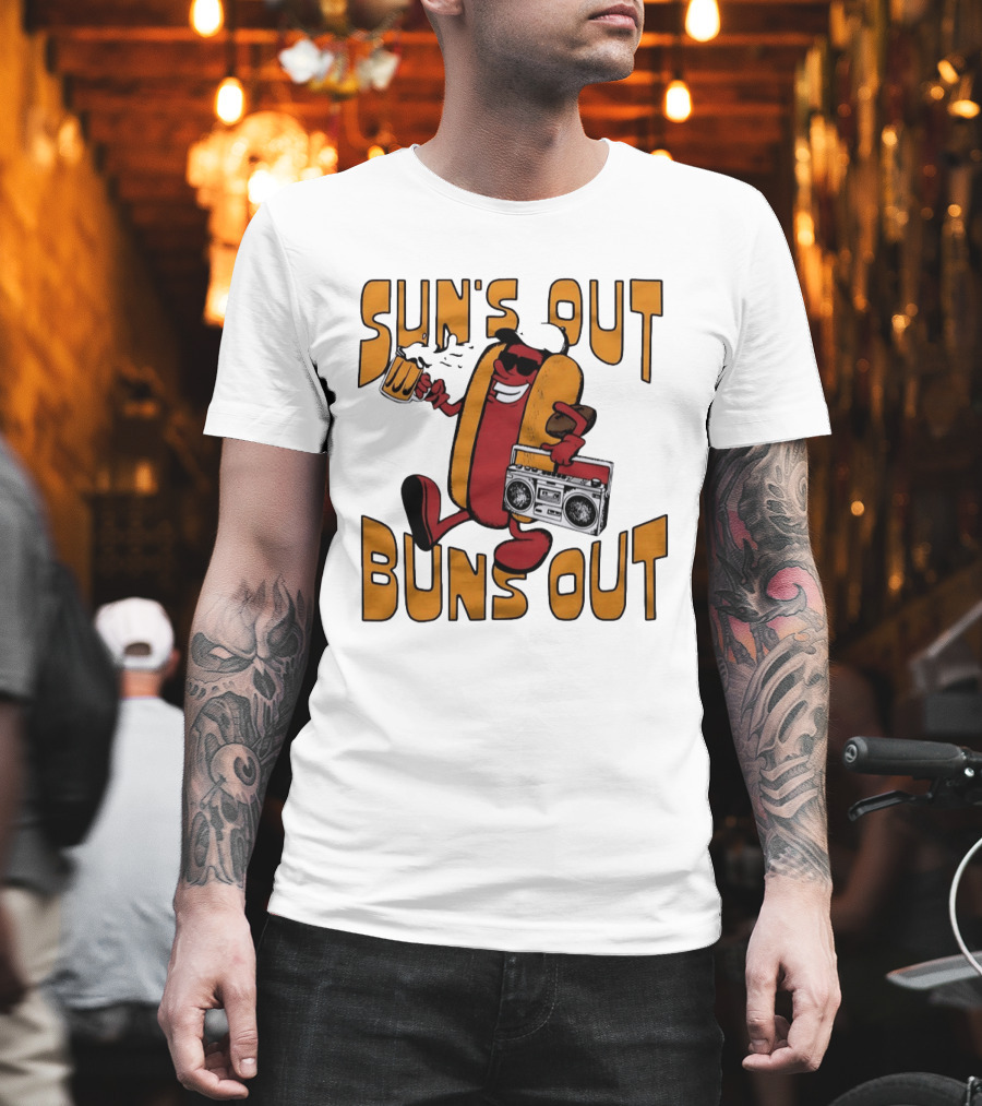 Sun's Out Buns Out Hot Dog With Sunglasses Holding Beer And Boombox T-Shirt