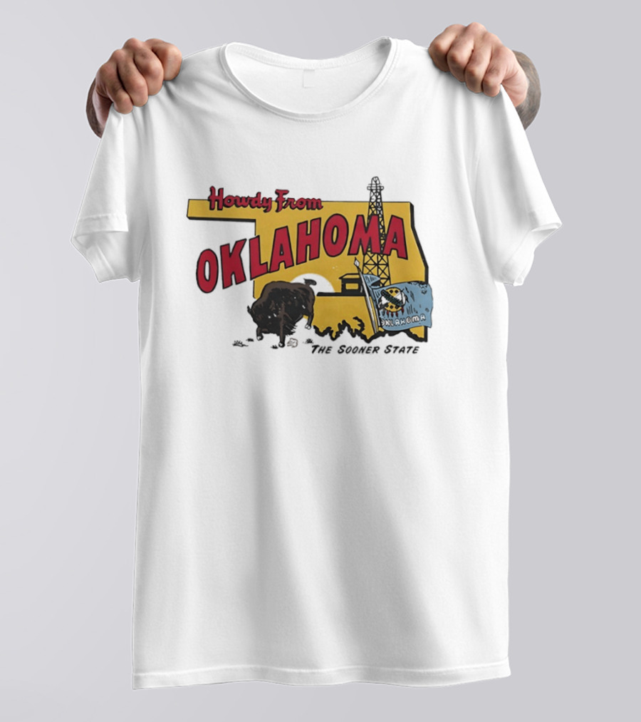 Howdy From Oklahoma The Sooner State Bison With Oil Derrick And Flag T-Shirt