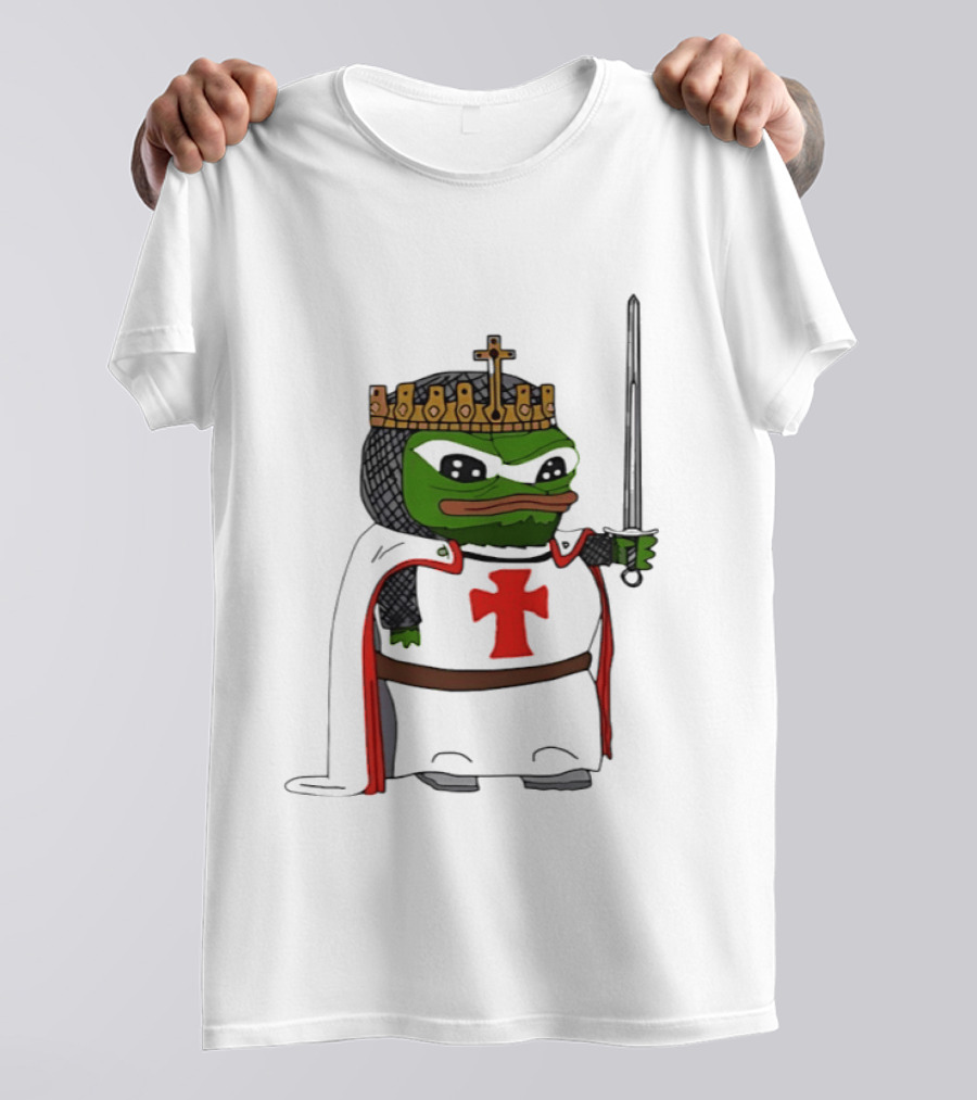 Pepe The Frog King Holding Sword Medieval Crusader Knight With Crown And Cape T-Shirt