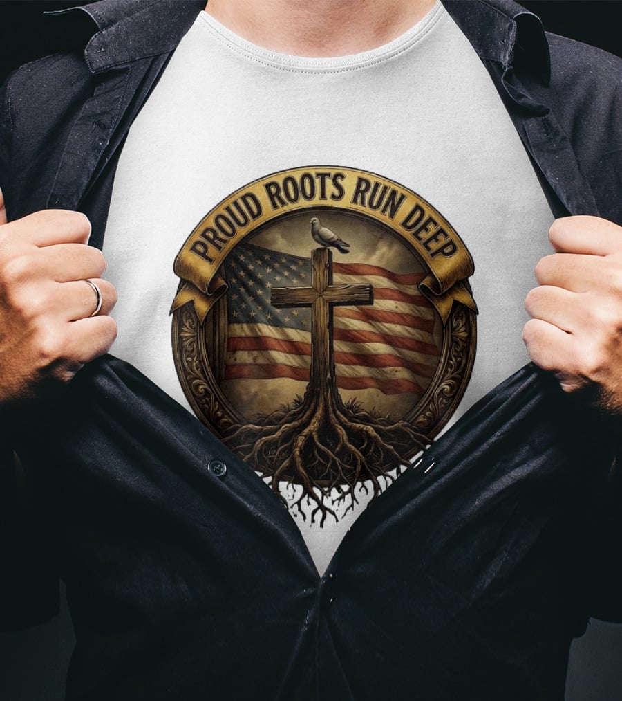 Proud Roots Run Deep Cross Dove American Flag Roots T-Shirt