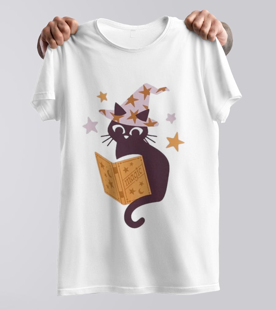Magic Cat In Witch Hat Reading Spell Book With Stars T-Shirt