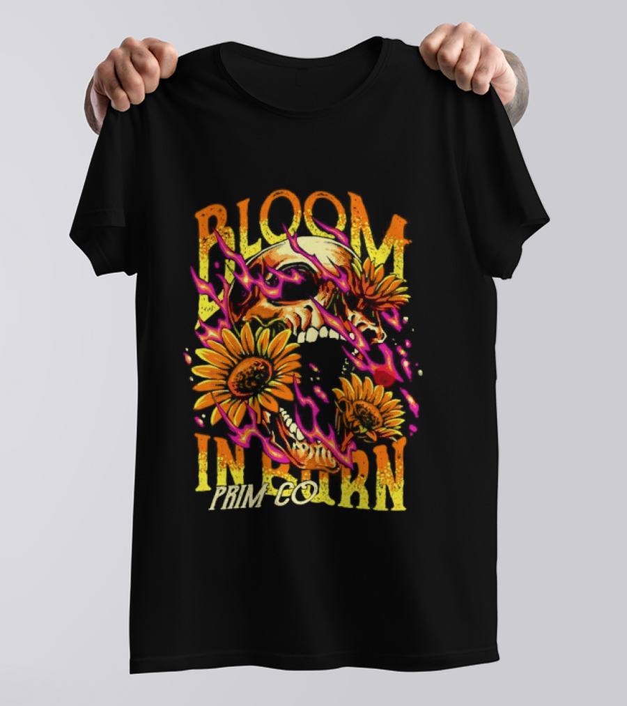 Bloom In Burn Prim Co Skull And Sunflowers T-Shirt