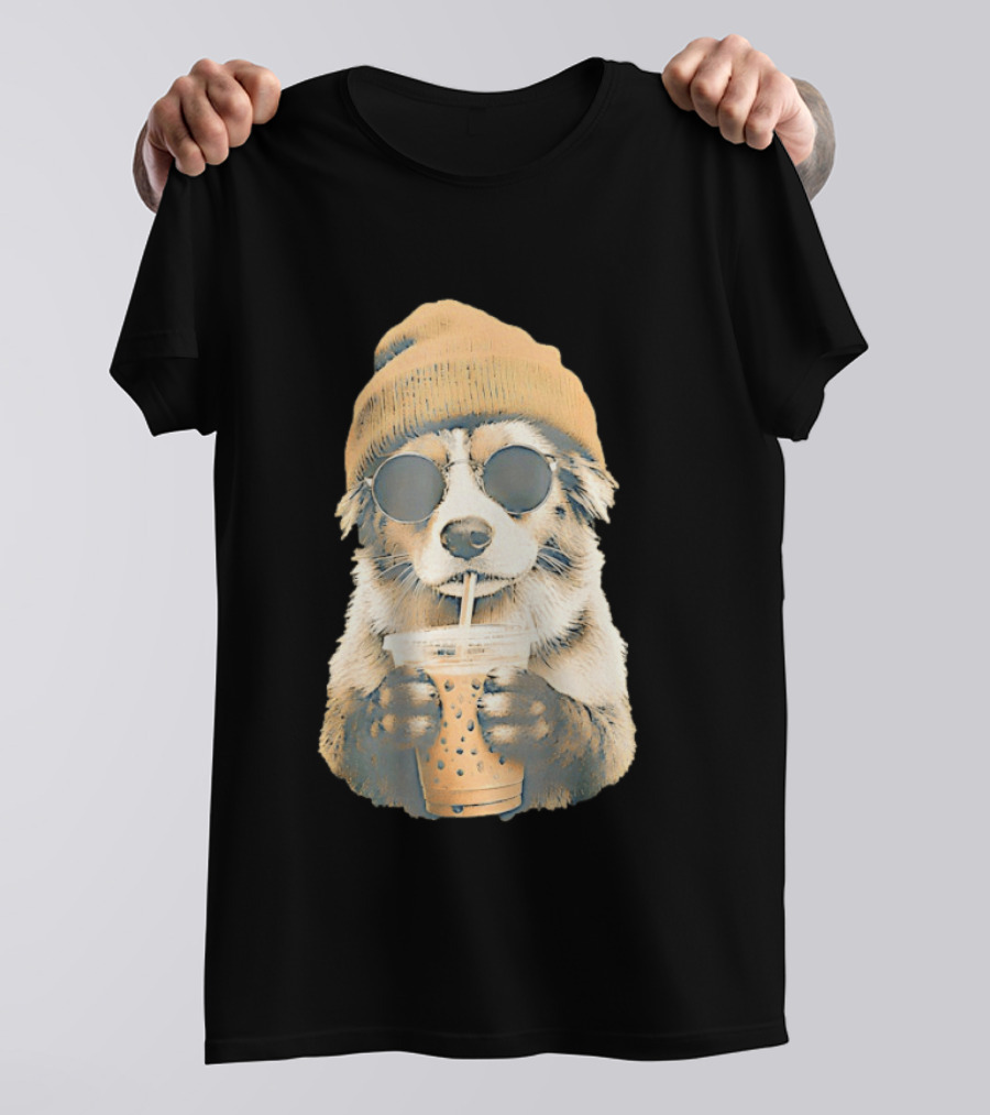 Cozy Dog In Beanie And Sunglasses Enjoying Iced Boba Tea T-Shirt