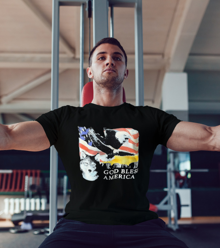 God Bless America Bald Eagle Wolf And American Flag Patriotic T-Shirt