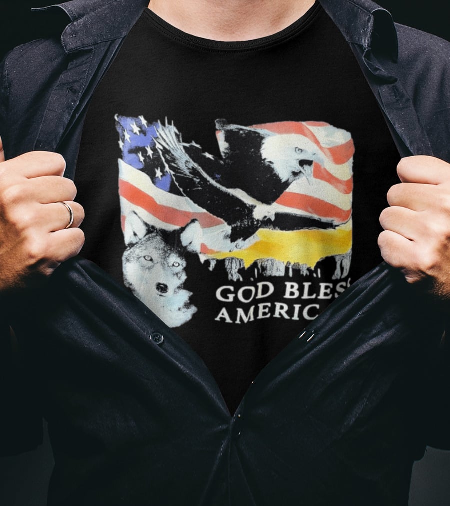 God Bless America Bald Eagle Wolf And American Flag Patriotic T-Shirt