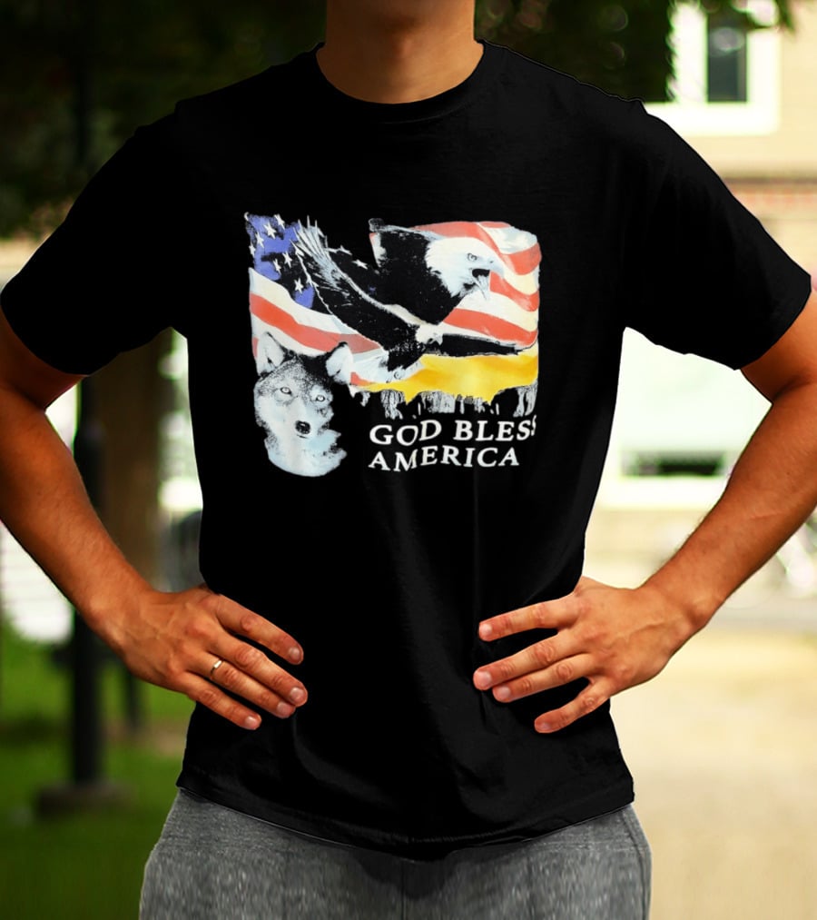God Bless America Bald Eagle Wolf And American Flag Patriotic T-Shirt
