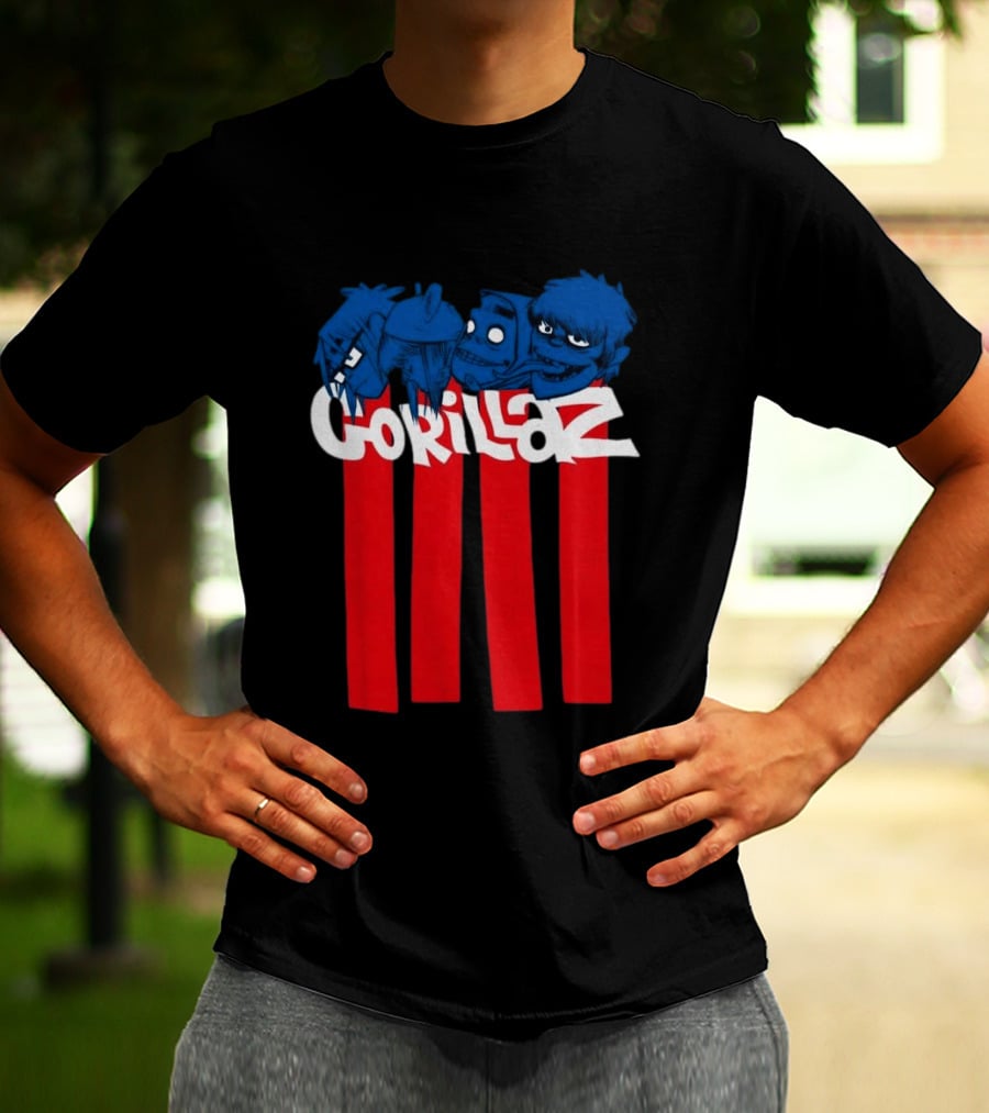 GORILLAZ Pez Heads Characters Red Stripes T-Shirt