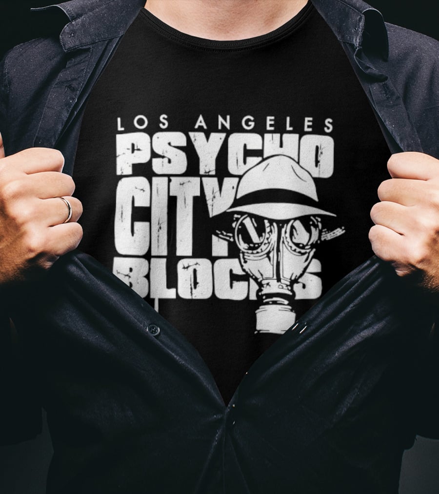 Los Angeles Psycho City Blocks Gas Mask Helmet Bold Lettering T-Shirt
