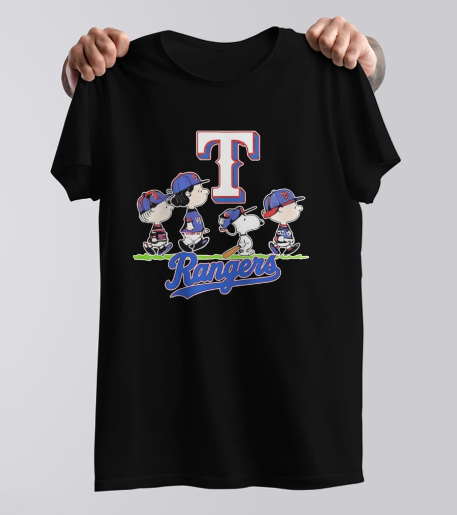 Peanuts Characters Walking With Texas Rangers Baseball Team T-Shirt