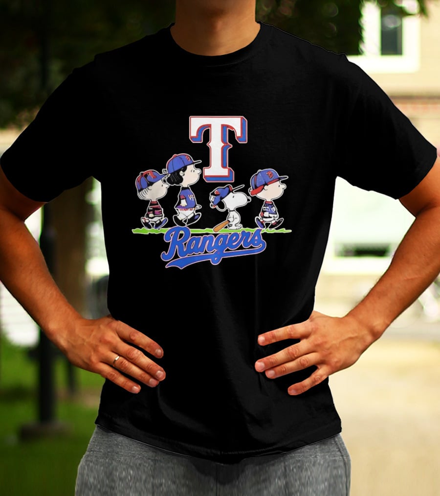 Peanuts Characters Walking With Texas Rangers Baseball Team T-Shirt