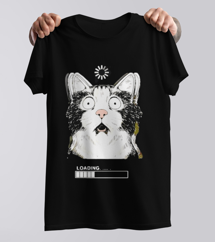 Startled Tuxedo Cat Staring Wide Eyed Beside Loading Progress Bar Meme T-Shirt