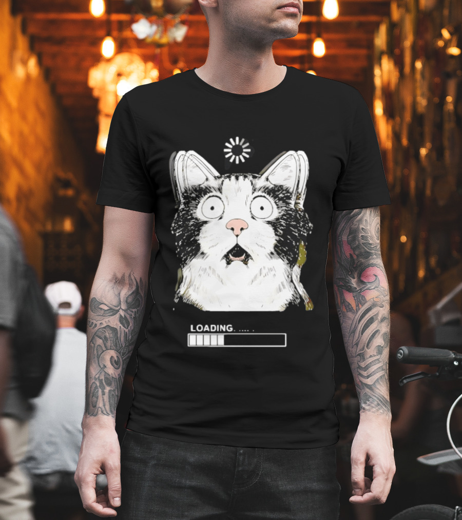 Startled Tuxedo Cat Staring Wide Eyed Beside Loading Progress Bar Meme T-Shirt